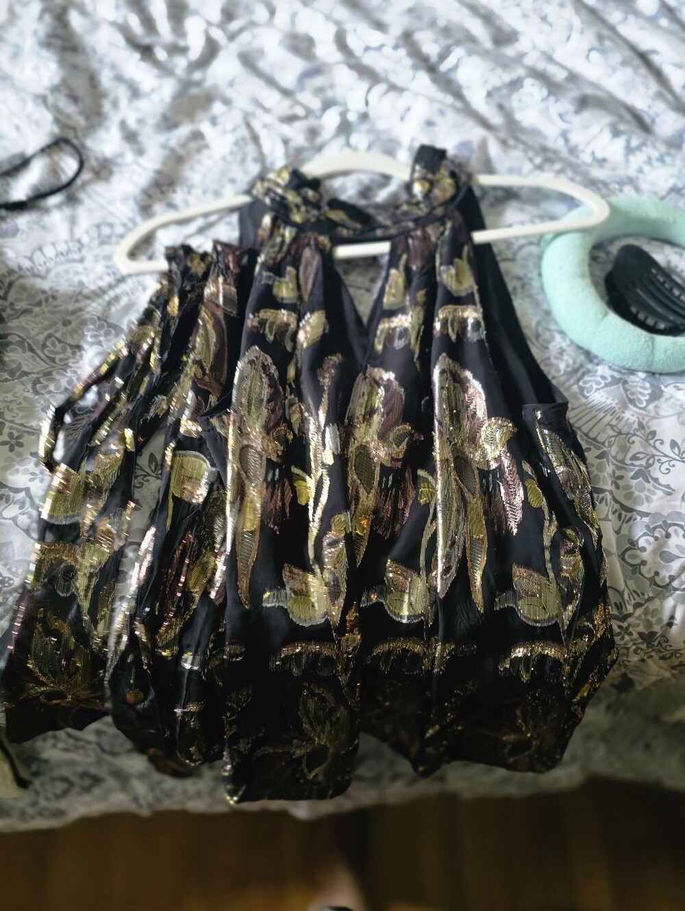 WHBM Black Metallic Floral Halter Top With Tie
